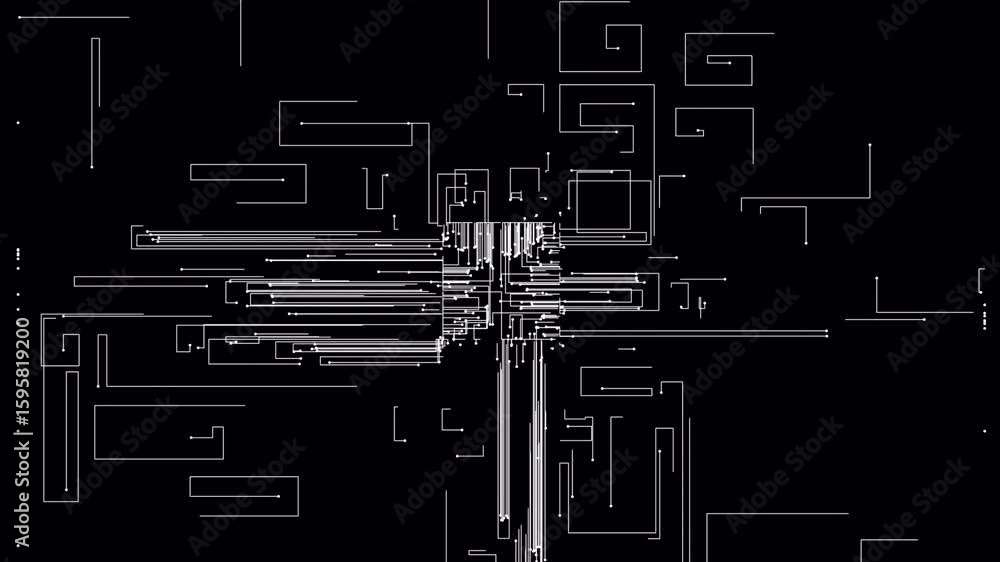 Poster abstract circuit board animation: white lines and dots on black background