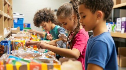 Obraz premium Children packing food items at a food bank with shelves and packaged goods in a bright indoor setting