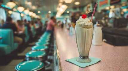 Enjoying classic milkshake at retro diner usa food photography nostalgic atmosphere close-up view culinary delight