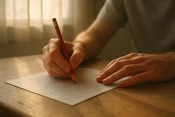 Close up of hand holding red pencil, focused on writing answers on scantron sheet with clear intent, illuminated by natural light at desk with study atmosphere