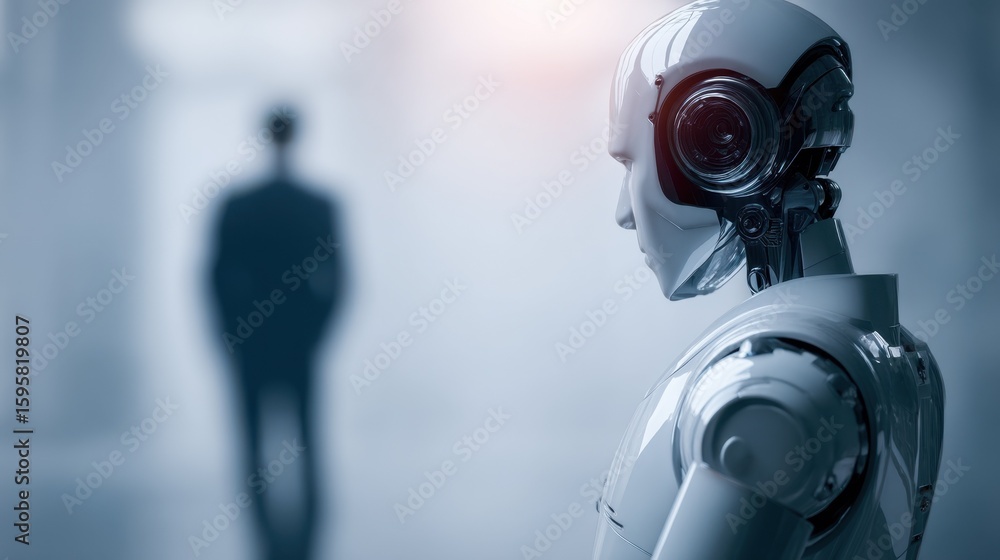 Poster exploring artificial intelligence interaction futuristic office digital art modern environment side 