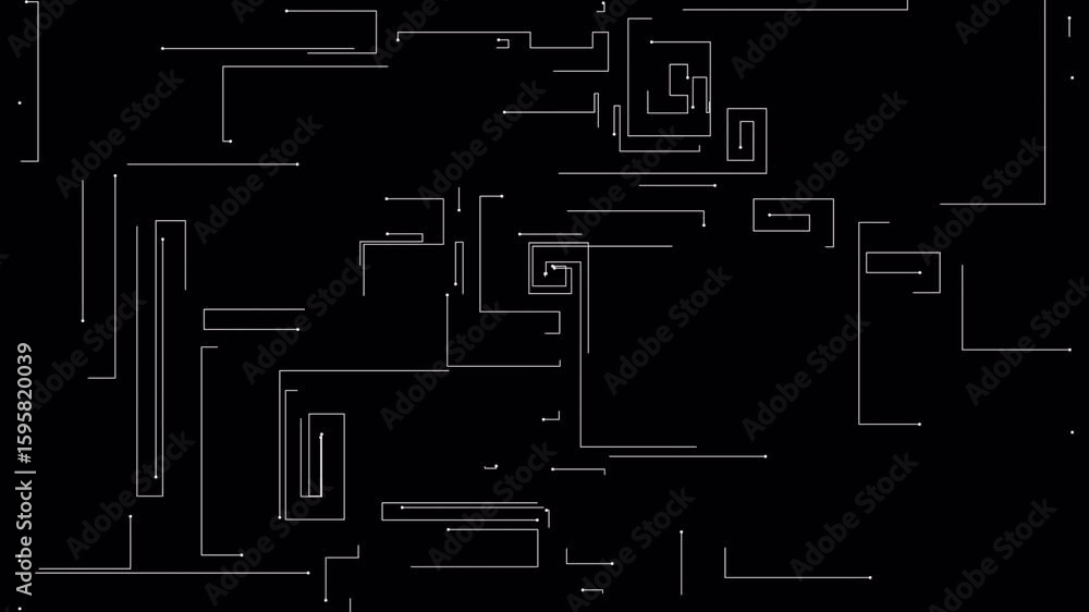 Poster abstract circuit board animation: white lines on black background with geometric shapes