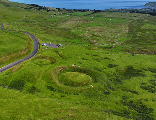 Aerial view of Neolithic Barrows at Knockdhu Cairncastle Larne Antrim Northern Ireland
