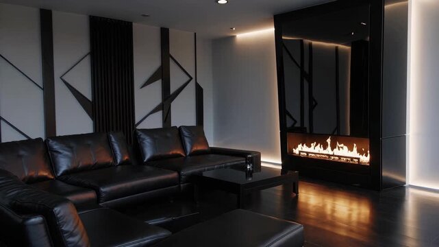 A luxurious modern interior with a fireplace and a black sofa set, and a geometric design pattern on the wall
