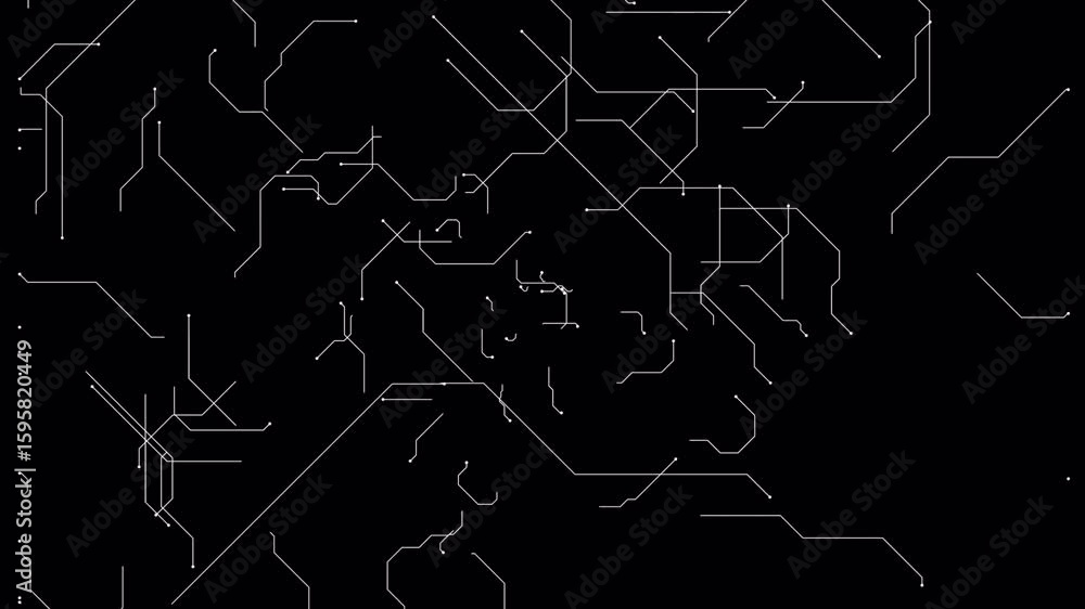 Poster abstract circuit board animation with white lines and dots on black background