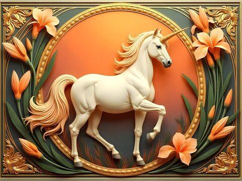 Elegant White Unicorn in an Ornate Gold Frame with Orange Flowers