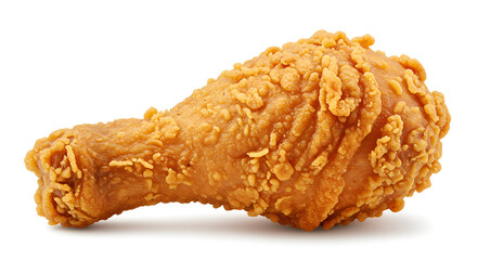 A crispy golden fried chicken drumstick is shown on a white background, looking savory and mouthwatering.