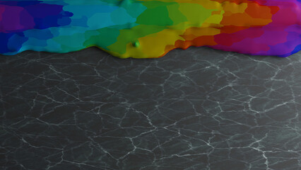 Rainbow paint is flowing along marble floor (3D Rendering)