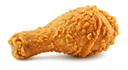 A crispy golden fried chicken drumstick is shown on a white background, looking savory and mouthwatering.