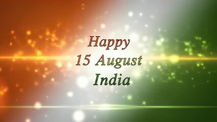 Elegant happy 15 August India title with glowing tricolor background particles