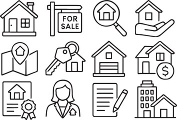 Real estate icons set black outline on white background