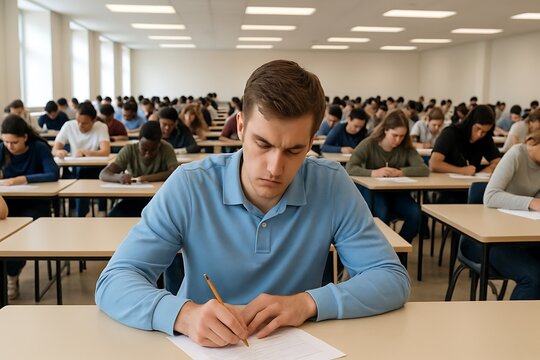 Focused student in exam hall writing answers on test sheet with pencil, surrounded by other students, intense concentration, exam preparation background