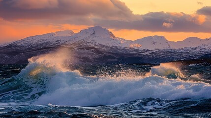 Ocean waves crashing powerfully against a towering snowy mountain, with the warm glow of sunset painting the sky. This dramatic natural scene blends the force of the sea with the majesty of snow-cappe