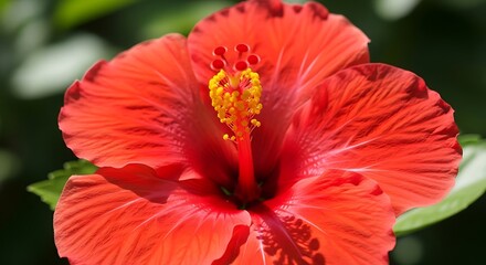 Vibrant Red Hibiscus Flower Close-up:  Sunlit Petals, Detailed Stamen, Tropical Bloom, Summer Mood.