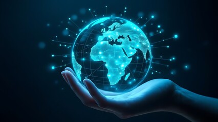 A hand holding a glowing digital globe with network connections, symbolizing global communication, data sharing, and futuristic technology in a connected digital world