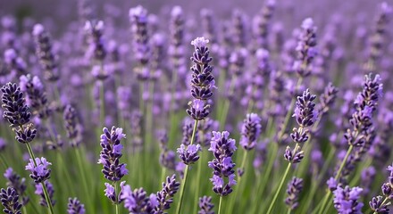 Obraz premium Serene Lavender Field: Soft Focus, Purple Blossoms, Tranquil Summer Mood