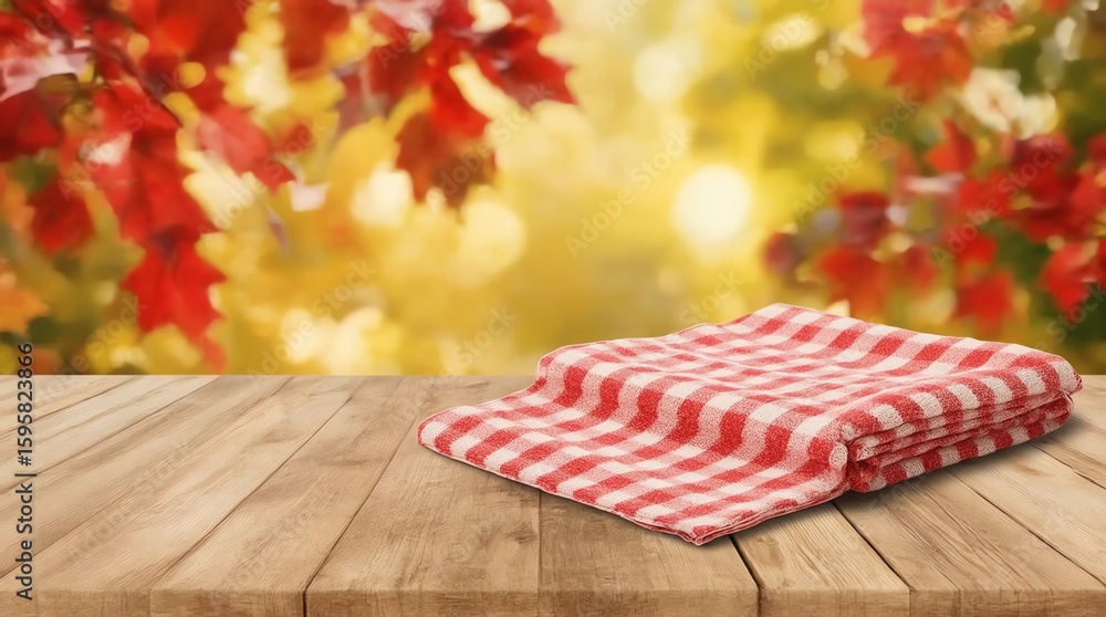 Poster empty wooden deck table with tablecloth over bokeh autumn