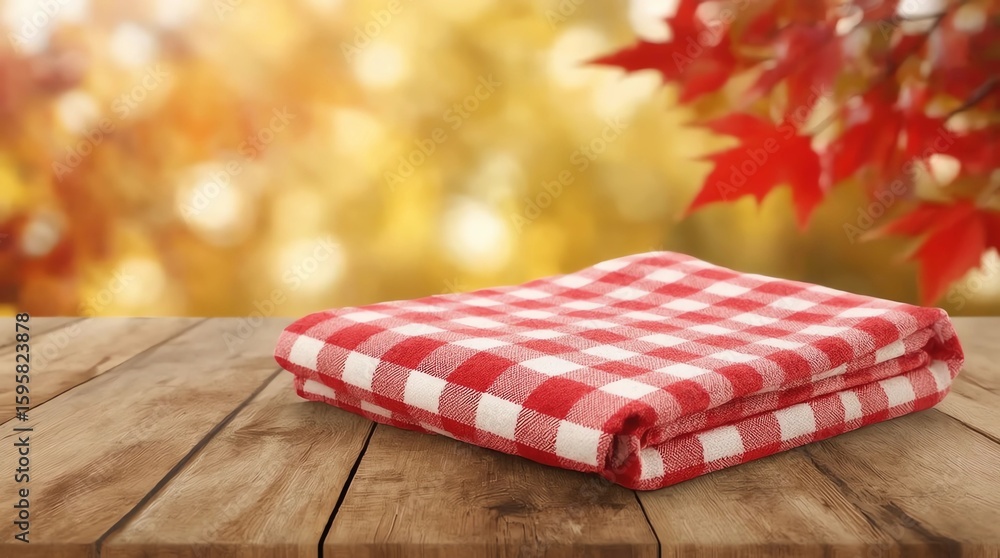 Poster empty wooden deck table with tablecloth over bokeh autumn