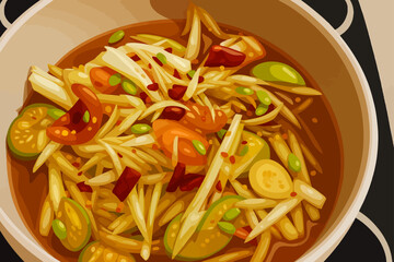 A bowl of Thai spicy papaya salad soup (Som Tum Jeow), depicted in a vibrant vector art style. The dish contains shredded green papaya, chili peppers, tomatoes, lime slices, yardlong beans, and other 