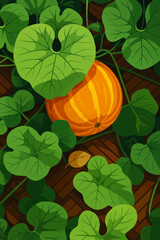 A digital illustration of a ripe Thai melon (Cucumis melo) surrounded by vibrant green leaves on a wooden surface. The melon is golden-yellow with subtle stripes and sits nestled among large, heart-sh