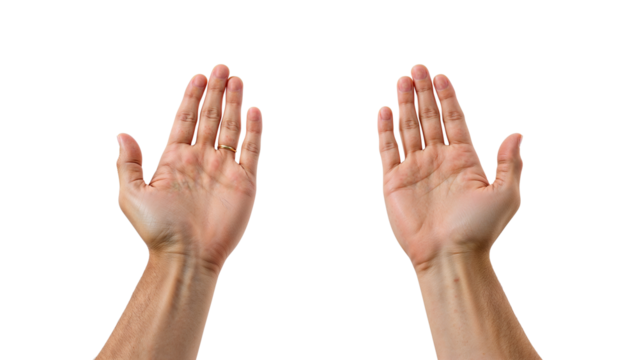 Reaching hands with gold ring against transparent background, symbolizing prayer, hope, or
