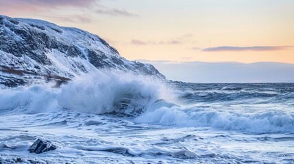 Ocean waves crashing powerfully against a towering snowy mountain, with the warm glow of sunset painting the sky. This dramatic natural scene blends the force of the sea with the majesty of snow-cappe