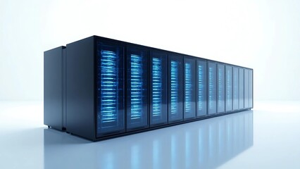 Quantum Computing Server Rack with Glowing Cooling Tubes – Futuristic Concept on White