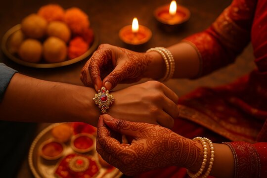 Close up of woman tying decorative rakhi on brother’s wrist during raksha bandhan with traditional sweets diyas and festive celebration items in background