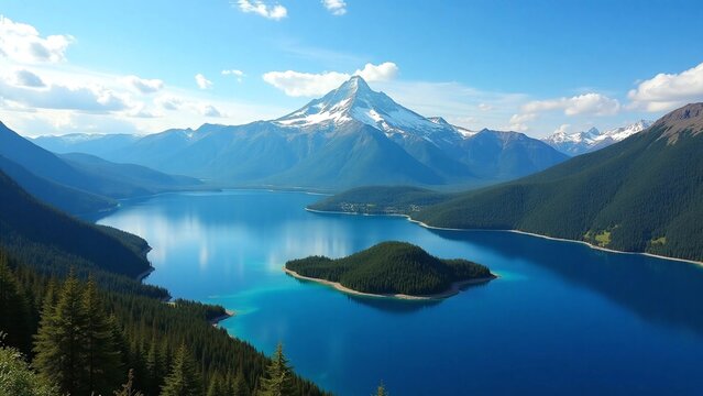 Aerial View of Pristine Mountain Lake Reflecting Snow-Capped Peak – Photorealistic Wide-Angle Landscape