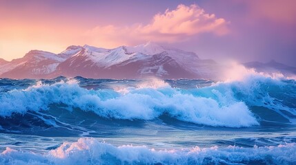Fototapeta premium Ocean waves crashing powerfully against a towering snowy mountain, with the warm glow of sunset painting the sky. This dramatic natural scene blends the force of the sea with the majesty of snow-cappe