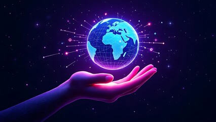 A hand holding a glowing digital globe with network connections, symbolizing global communication, data sharing, and futuristic technology in a connected digital world