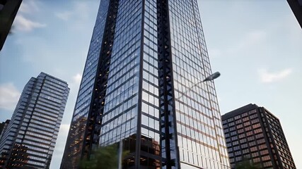 Modern office skyscraper in urban cityscape with glass windows and steel architecture