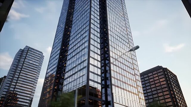Modern office skyscraper in urban cityscape with glass windows and steel architecture