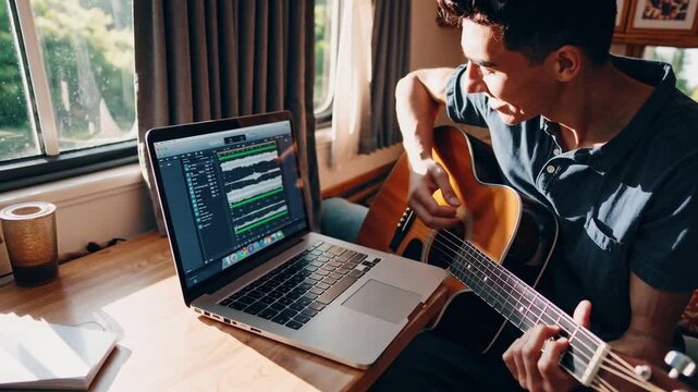 Digital Nomad Guitarist Working in Motorhome