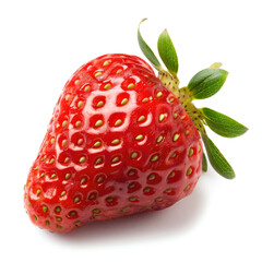 Single, ripe strawberry, vibrant red, glossy skin, green leaves
