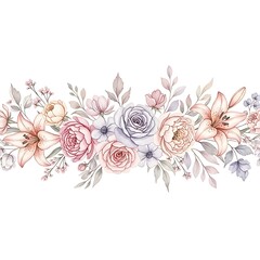 Watercolor Floral Border: Pastel Roses, Lilies, and Greenery; Romantic, Elegant Design.