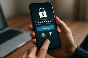 Mobile login interface with password field and fingerprint verification on screen