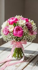 Elegant Pink and White Bridal Bouquet: Peonies, Gardenias, and Baby's Breath