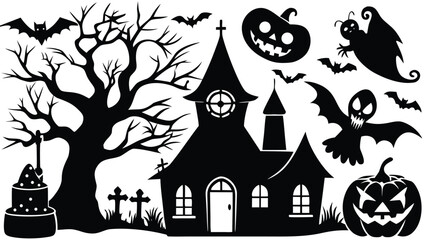 Spooky Halloween Haunted House Silhouettes Bats Ghosts Pumpkins