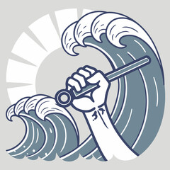 Hand Holding a Tool in a Wave with a Sun Behind It