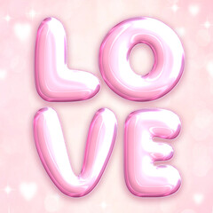 Bright light pink air celebrated balloons word LOVE with heart and star square background
