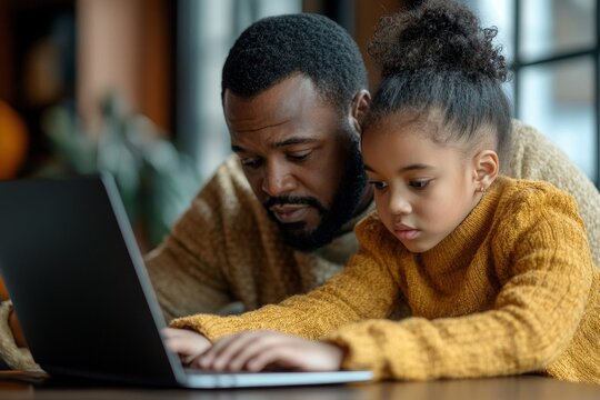 Granddaughter showing something to her grandfather on a laptop, fostering intergenerational learning and family connection, Generative AI