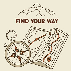 Compass and Map Illustration with Clouds and the Text Find Your Way