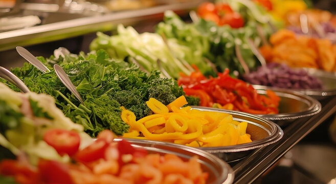 Uma vis&atilde;o de perto de saladas mistas, vegetais e guarni&ccedil;&otilde;es em um balc&atilde;o de buf&ecirc;, enfatizando uma mistura de op&ccedil;&otilde;es frescas, coloridas e apetitosas dispon&iacute;veis para autoatendimento.