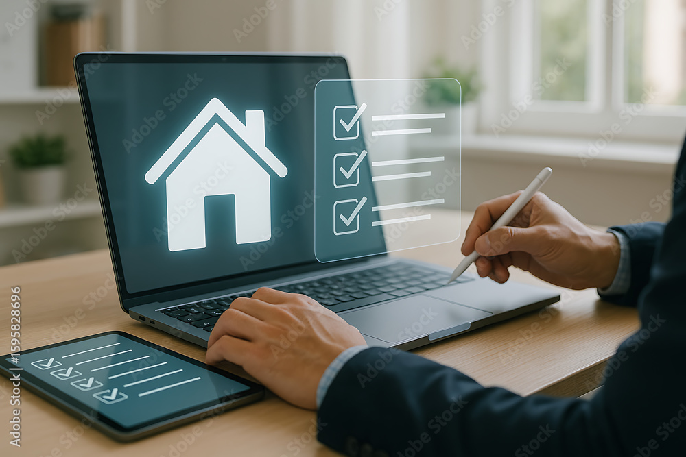Poster digital real estate checklist on futuristic laptop with home icon and smart document system used by 