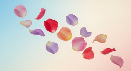 Soft pastel flower petals falling; gentle, romantic, spring background image.