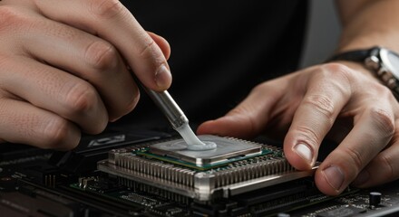 A close-up image of a professional technician applying thermal paste to a high-performance CPU on a motherboard. Perfect for illustrating PC repair, processor maintenance, or custom PC building.