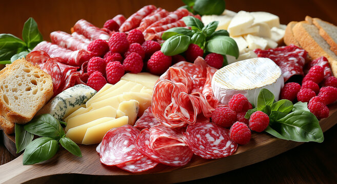 Um suntuoso prato de charcutaria e queijos adornado com v&aacute;rias carnes, queijos, framboesas frescas, manjeric&atilde;o e p&atilde;o crocante, perfeitamente dispostos para uma apresenta&ccedil;&atilde;o elegante