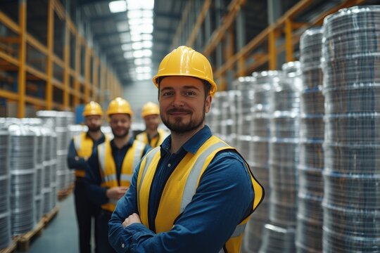 Full team of warehouse employees standing in the warehouse, demonstrating teamwork and collaboration in a modern industrial factory, Generative AI