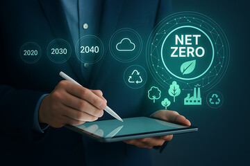 Net zero sustainability concept with futuristic graphics showing eco targets from 2020 to 2040 carbon neutrality technology and green development on tablet held by businessman